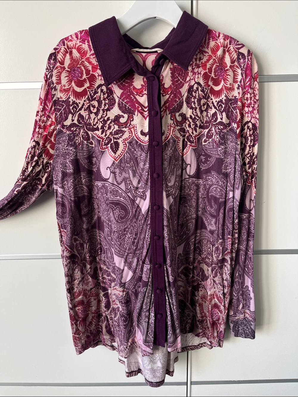 Soft Surroundings Purple and Pink Floral Paisley Button-Front Top